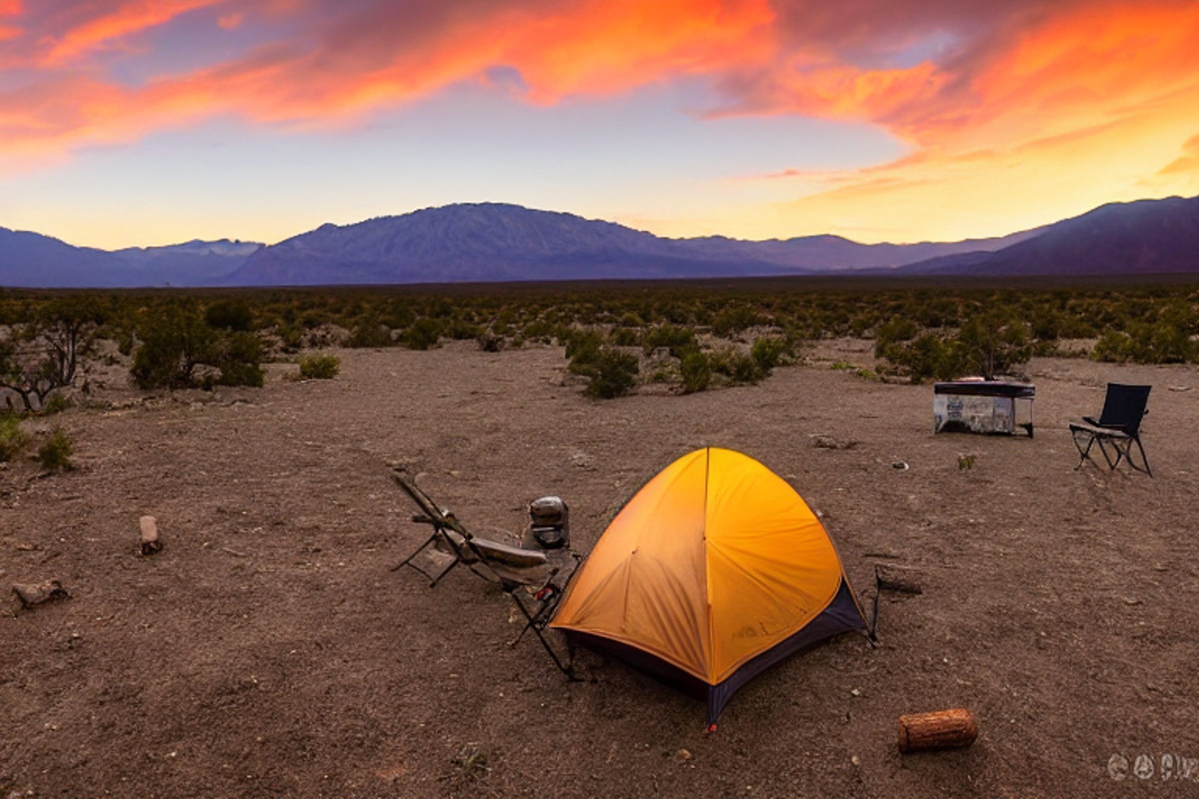 A cozy tent rests on a grassy dirt campsite as rain falls beneath a glowing sunset. A campfire and logs sit in the center, with tall mountains rising in the distance and surfers adding a playful twist to the desert scene.