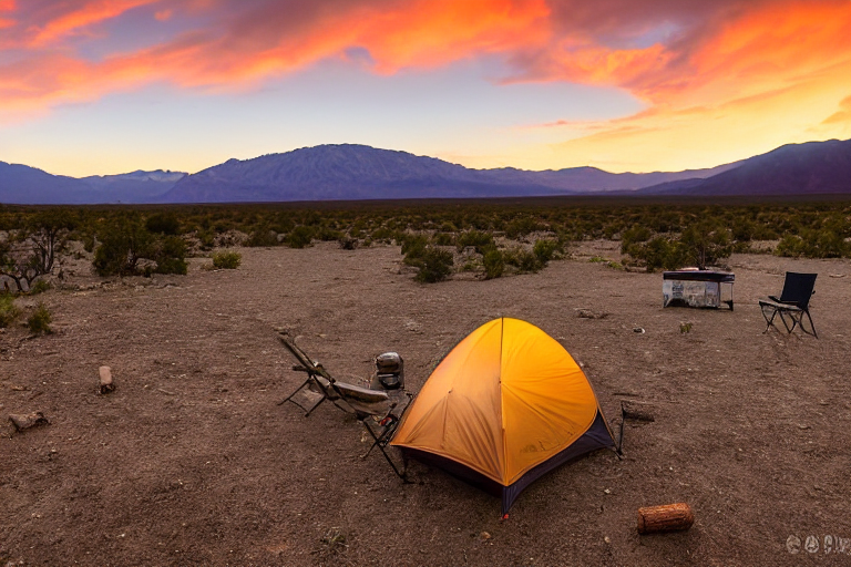 A cozy tent rests on a grassy dirt campsite as rain falls beneath a glowing sunset. A campfire and logs sit in the center, with tall mountains rising in the distance and surfers adding a playful twist to the desert scene.