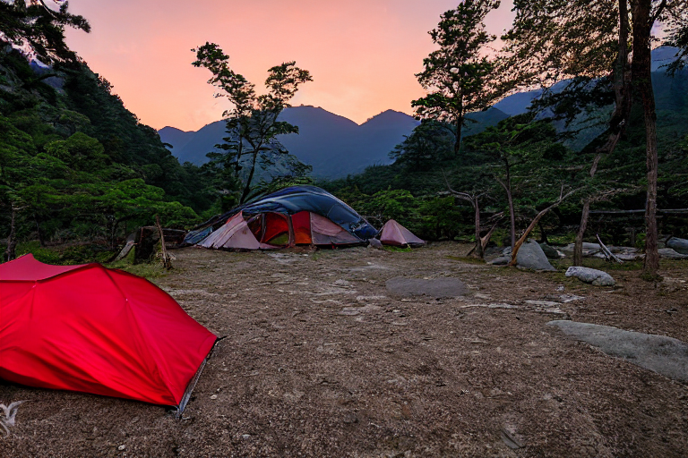 A bright red tent rests on a quiet dirt campsite in Miyajima, Japan. Snow covers the ground as the sun sets, glowing over large stone slabs. A backpack and small twig sit nearby, adding to the peaceful outdoor scene.