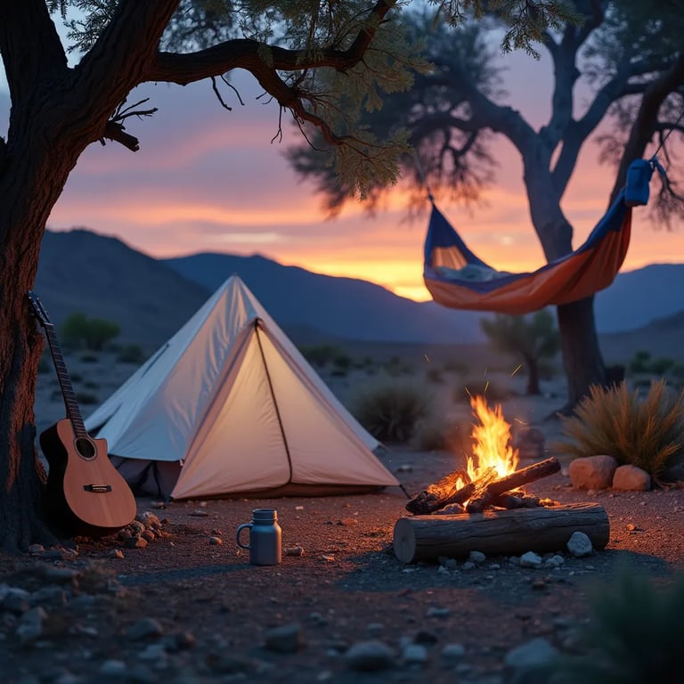 A cozy white bivy sack rests in Death Valley as the sun sets behind a stormy sky. A guitar, hammock, and camping mug sit near the warm campfire, where marshmallows roast. The campsite is seen through a rushing waterfall, making the scene feel wild and magical.