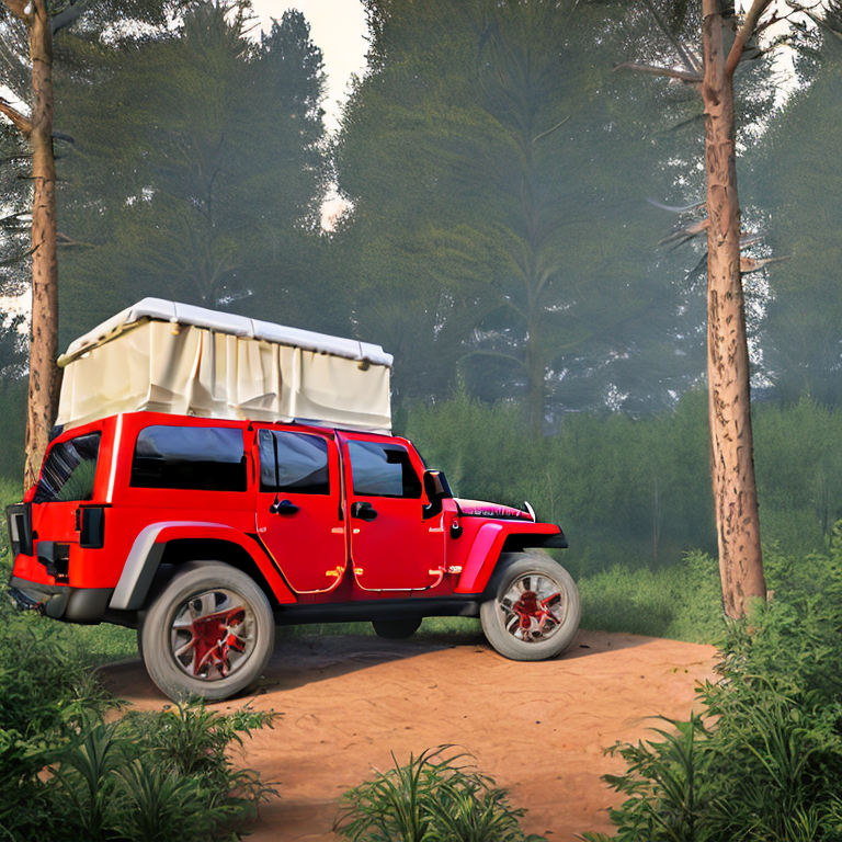 A red and white Jeep with an open rooftop tent rests in a quiet forest campsite. A warm campfire glows beside the dirt path, while soft morning fog drifts through the trees and bushes. Stone gravel patches add a rugged touch to the peaceful setting.