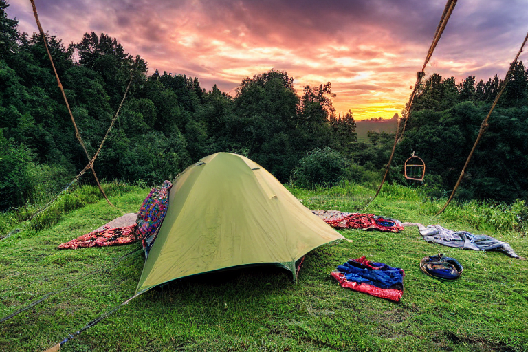 A forest-green tent rests on a paved campsite beside a peaceful river. Wildflowers, a clothesline, and a hammock add cozy touches, while rolling hills glow beneath the cloudy sunset sky.