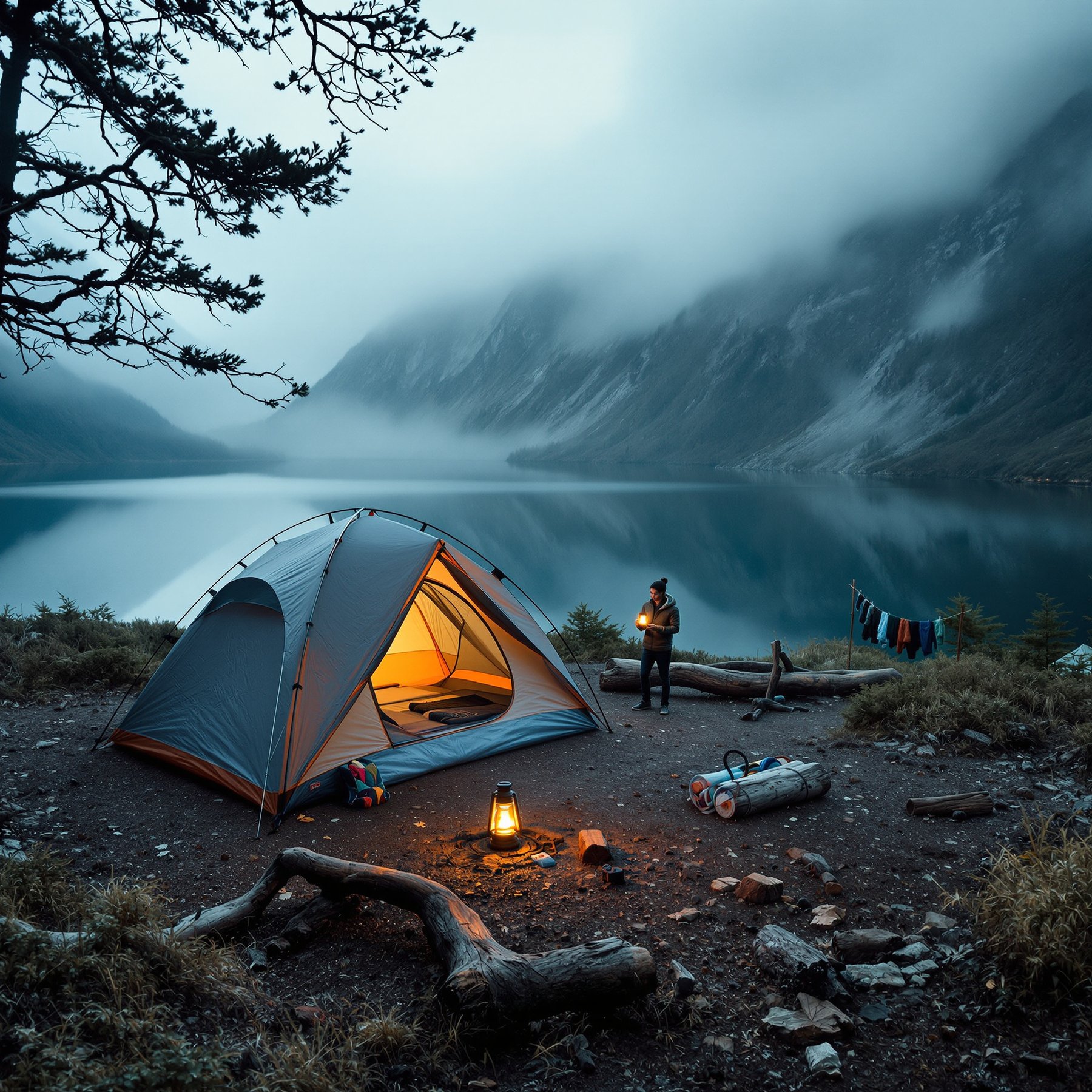 A cozy tent glows beside a calm mountain lake, surrounded by misty hills and tall trees. A lantern lights up the campsite, making everything feel warm and peaceful. Colorful clothes hang to dry while the air is cool and fresh.