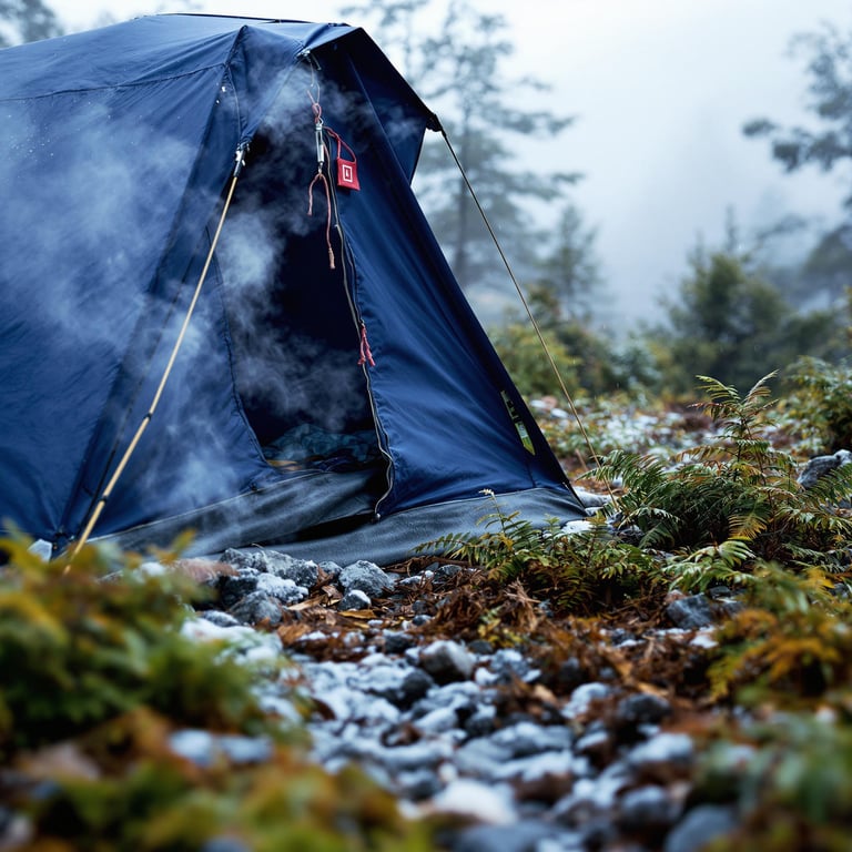 A navy blue tent rests among green ferns in the misty mountains of Mount Cook National Park. Light snow covers the quiet landscape, while campfire smoke curls into the cold morning air.