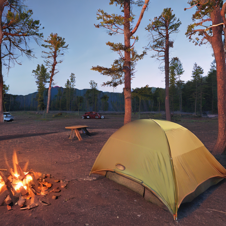 A cozy tent rests on a paved campsite beneath a clear, starry sky. A warm campfire glows beside a large log, with a picnic table nearby. Rocky ground and a sandy patch give the scene a peaceful, rugged feel.