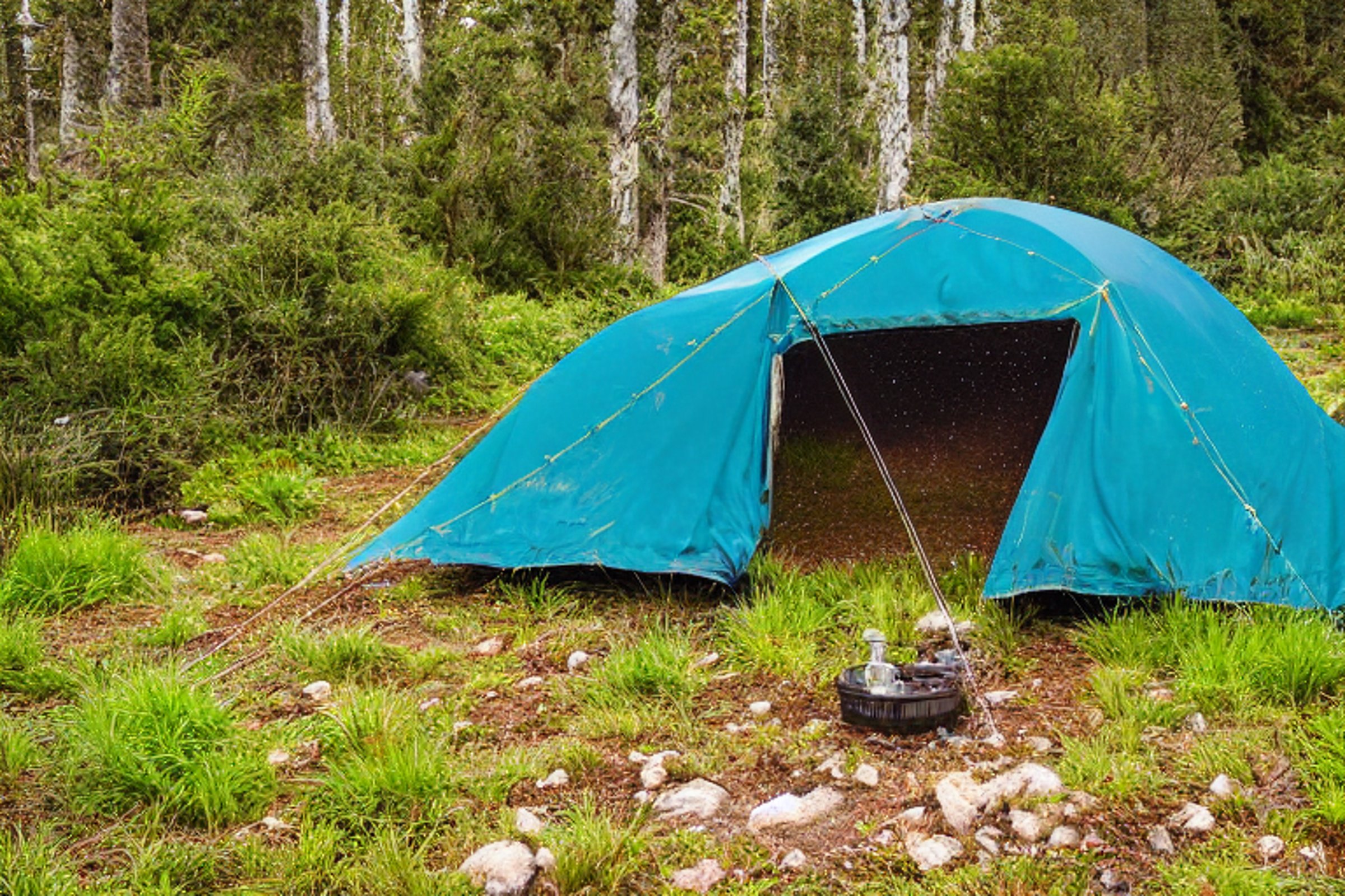 A teal tent rests on a quiet paved campsite beneath a cloudy, star-filled sky in Mount Cook National Park. Ferns, a large rock, and a backpack sit beside a winding dirt path, creating a peaceful mountain getaway.