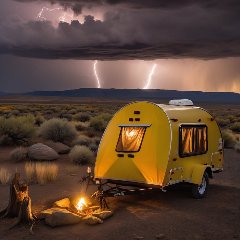 A bright yellow teardrop trailer rests on the rocky Idaho plains at sunrise. From inside the glowing tent, you can spot a squirrel, a wooden campsite sign, and distant lightning beneath the cloudy sky.