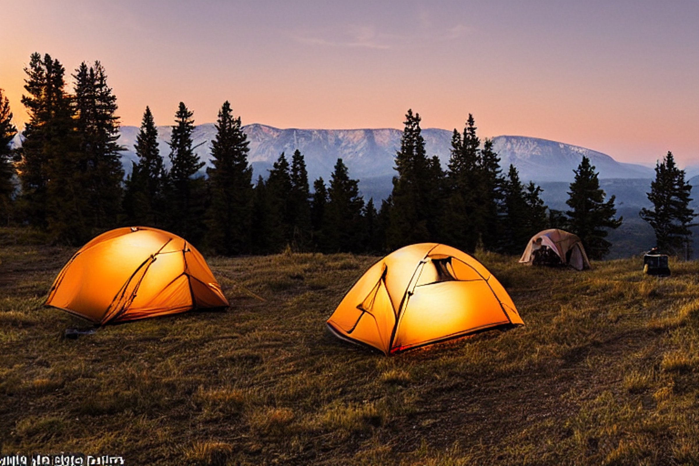 A tan tent rests on a rocky campsite as the sun sets over Montana’s rolling hills. Nearby, a warm campfire, camping stove, and gear box make the scene feel cozy and ready for adventure.