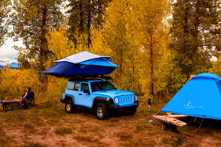 A blue Jeep with a rooftop tent rests in a quiet Idaho campsite as snow falls softly. Golden trees surround a warm campfire, while a hammock hangs between two large trees. In the distance, a person’s flashlight glows beneath the evening sky.