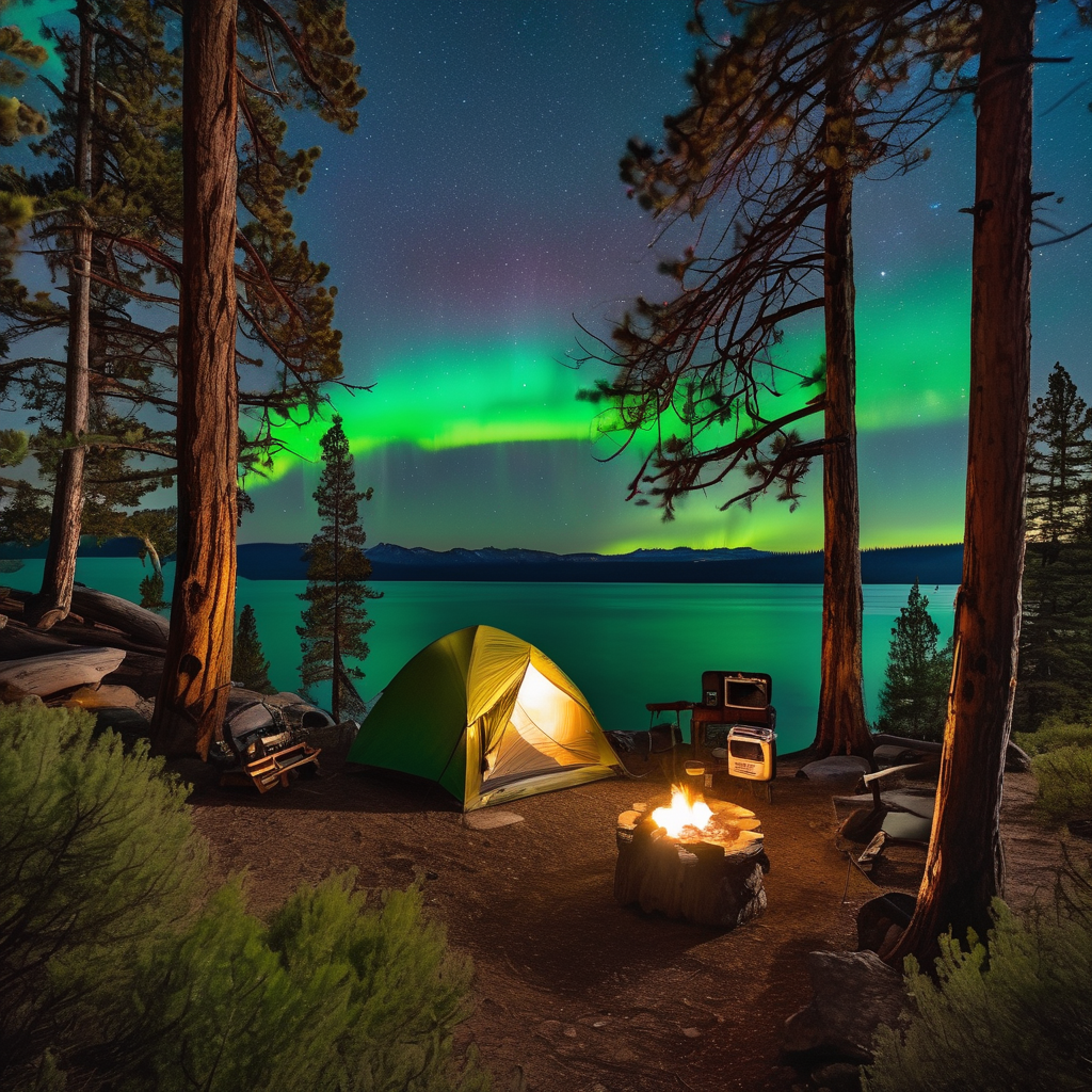 A bright turquoise tent rests near Lake Tahoe beneath a glowing curtain of northern lights. Flowers and thick bushes surround the quiet campsite, while binoculars hang from a tree and a fishing rod leans nearby.