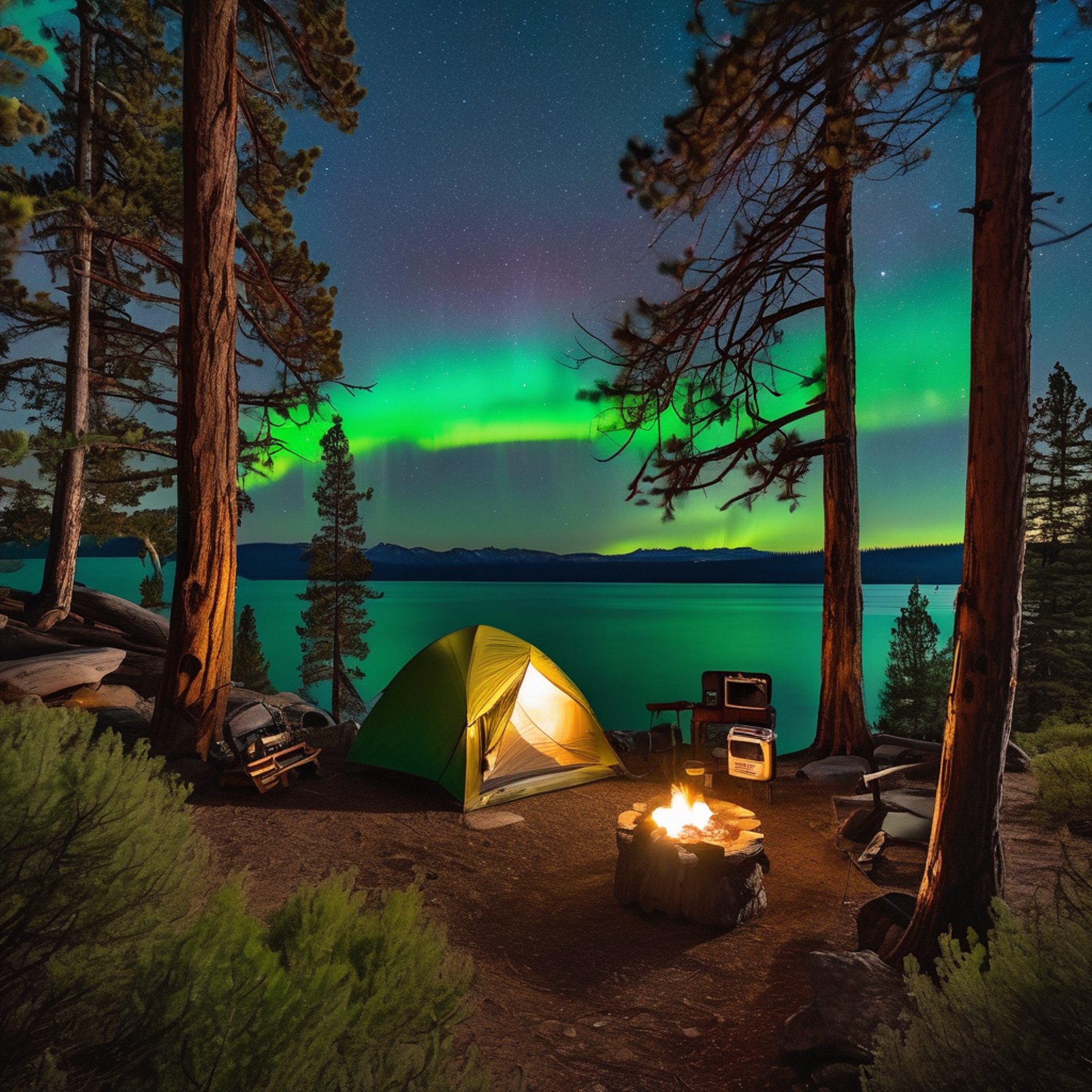 A bright turquoise tent rests near Lake Tahoe beneath a glowing curtain of northern lights. Flowers and thick bushes surround the quiet campsite, while binoculars hang from a tree and a fishing rod leans nearby.