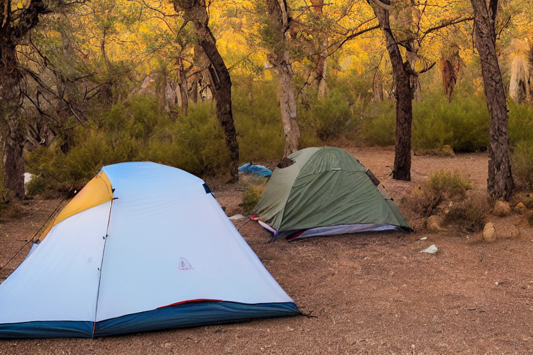 A colorful tent rests on a quiet dirt patch in Death Valley. A warm campfire glows nearby as golden light shines through the fog and fall-colored trees. Clothes hang from a line, with berry-covered bushes and a box of camping gear close by.