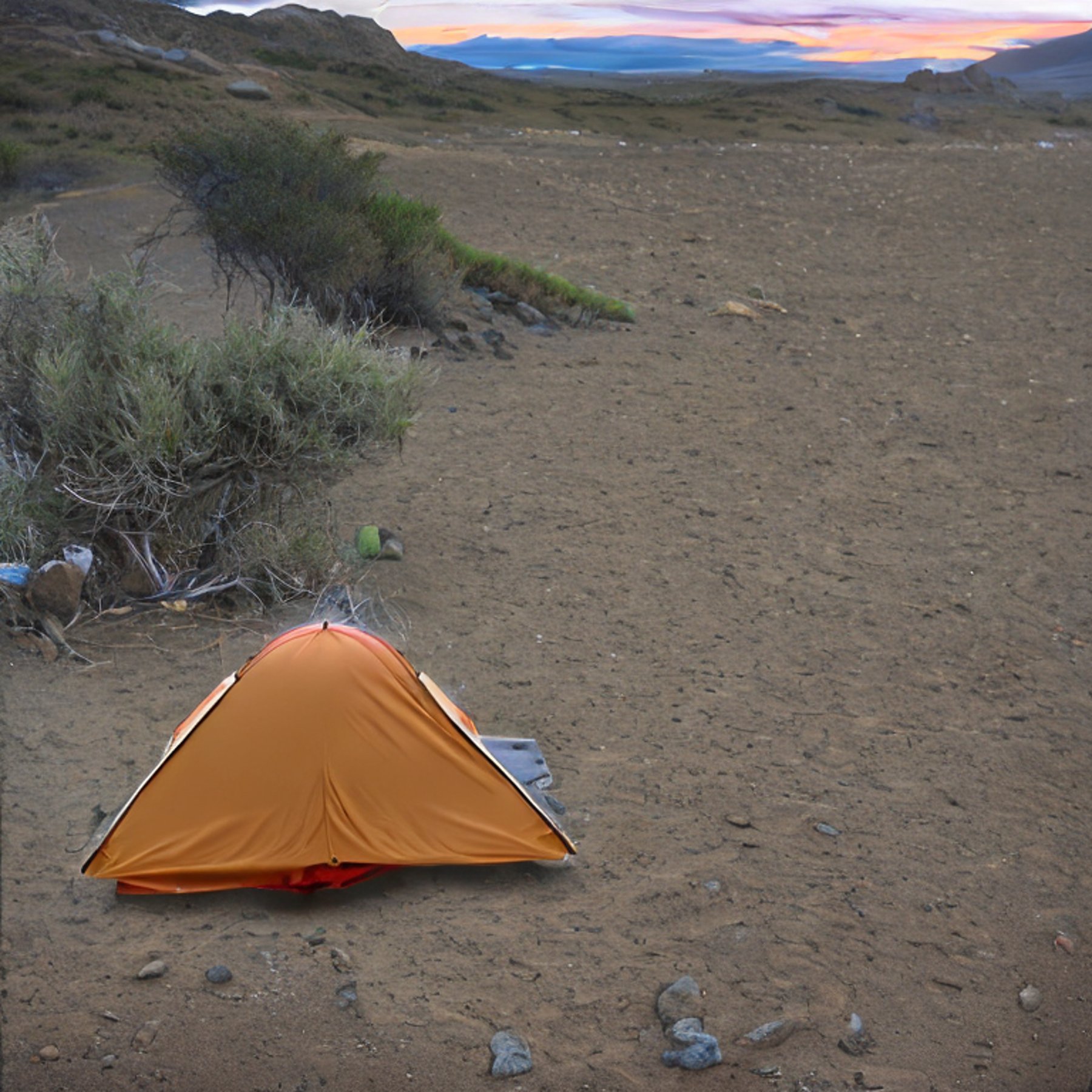 A cozy tent rests on a quiet dirt campsite near San Diego Beach. Soft flashlight light glows inside, while stones and a small twig lie on the ground. Misty mountains rise in the background beneath a cloudy sky.