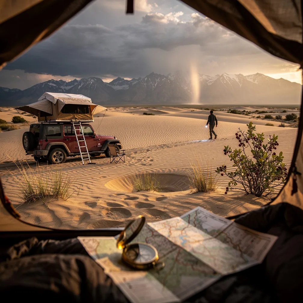 Warm sunset light spills over wide, rippled sand dunes with tall mountains far away. A burgundy Jeep with a rooftop tent sits in a quiet dune bowl, with a camp chair and a berry bush nearby. In the sand, a compass rests on a folded map, ready for adventure. Dark storm clouds gather on the horizon while a lone camper walks back with a flashlight.