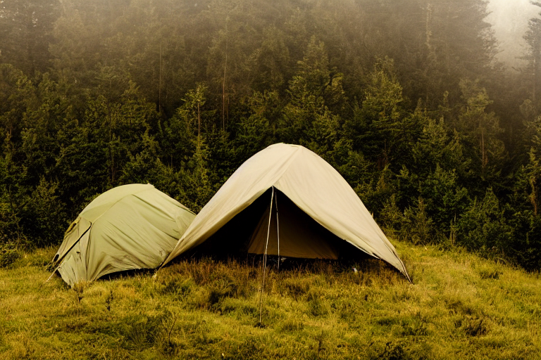 A green tent rests on a quiet mountain campsite as the sun sets behind rolling hills. Fog drifts through the forest, while a picnic table and camping gear sit on the grassy dirt clearing.