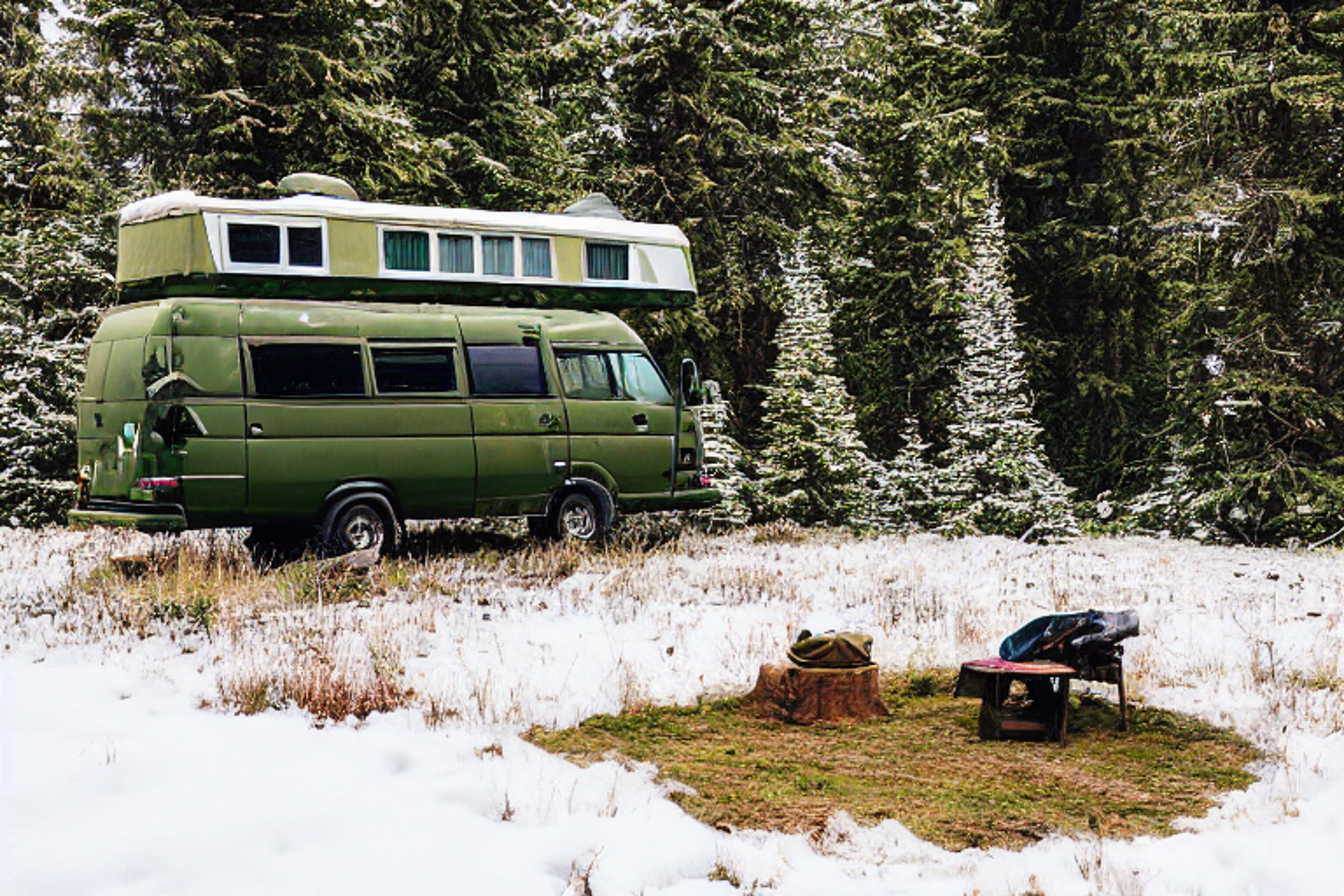 A green camo van rests at a quiet dirt campsite beneath tall trees in Washington. Snowy air glows in the golden light, while a guitar and backpack sit nearby, ready for adventure.