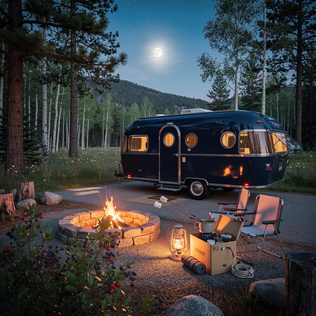 A quiet meadow campsite sits under tall pine and aspen trees as the sky turns deep blue. A navy blue vintage caravan rests on a gravel pad, with berry bushes nearby. Warm firelight and a soft lantern glow shine on marshmallows roasting by the fire, while a full moon peeks over the treetops.