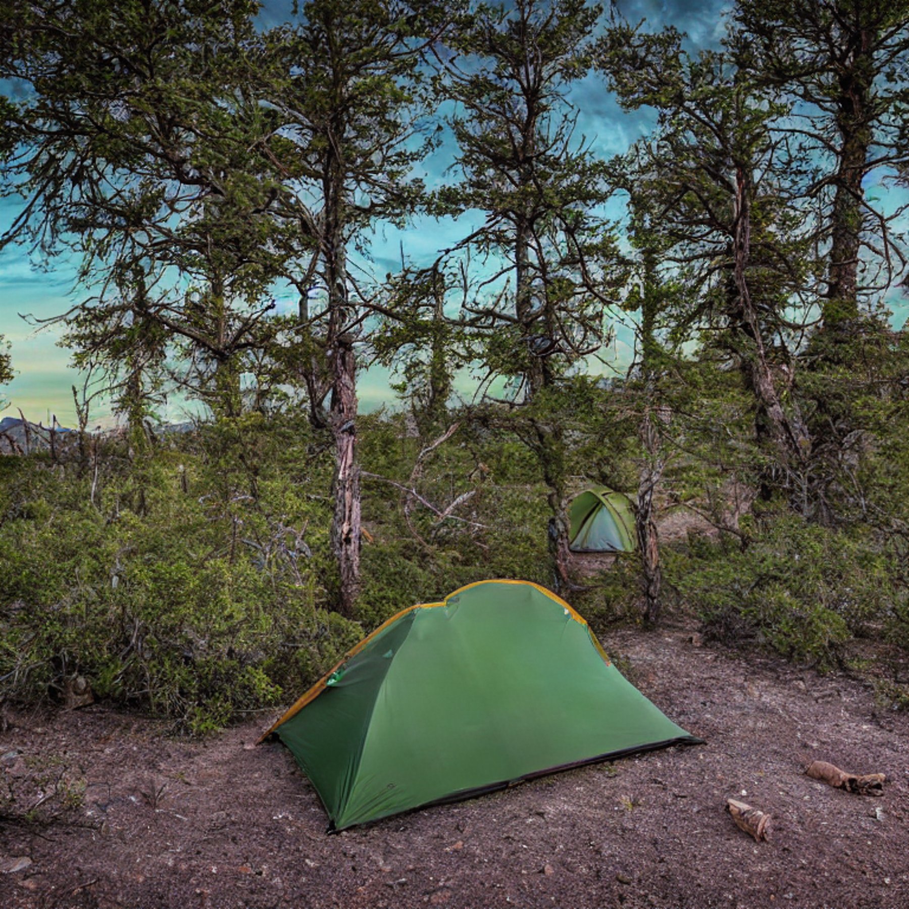 A green camo tent rests beside a warm campfire under the glowing northern lights. Hikers relax in camping chairs near a dirt path, while small flowers brighten the ground. Cloudy skies and the wild beauty of Big Bend National Park create a peaceful night.