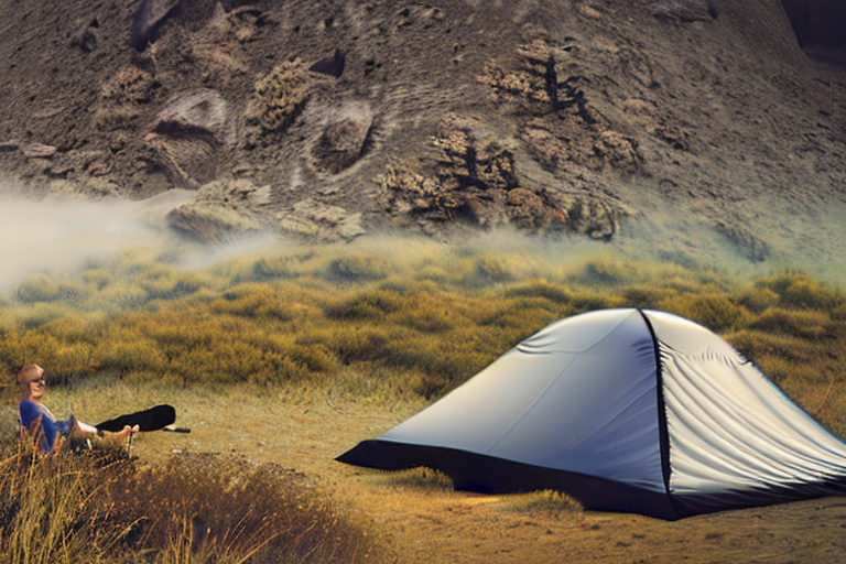 A black tent rests beside a small campfire on a grassy patch near the California coast. Fog drifts around the distant mountains, while a large rock adds a rugged touch. A person with a flashlight stands far away.