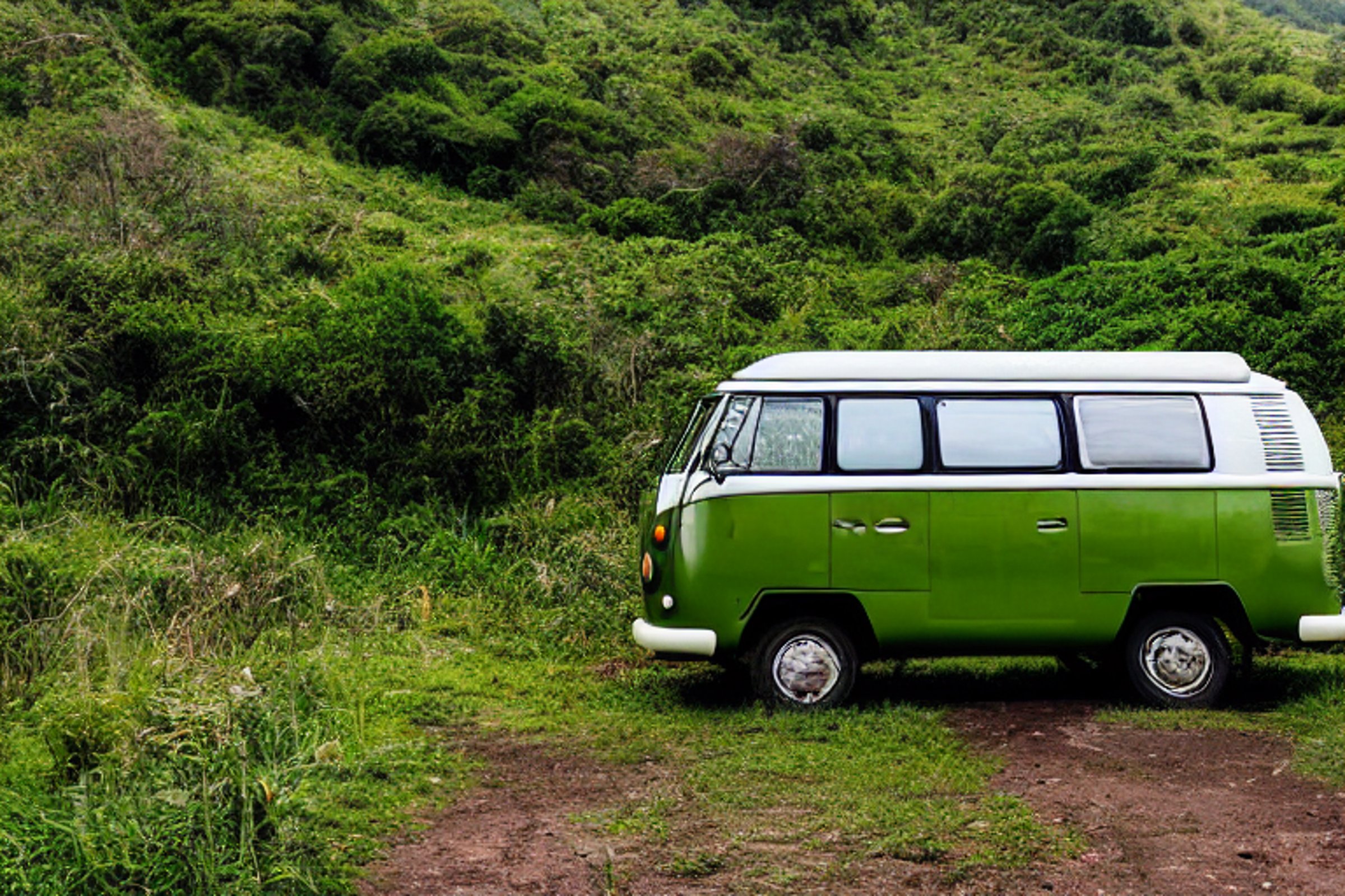 A green campervan rests on a quiet dirt campsite beneath the hills of Soufrière, St. Lucia. A winding hiking path leads through the rough land, while a wooden guitar lies nearby. The peaceful night feels wild and inviting.