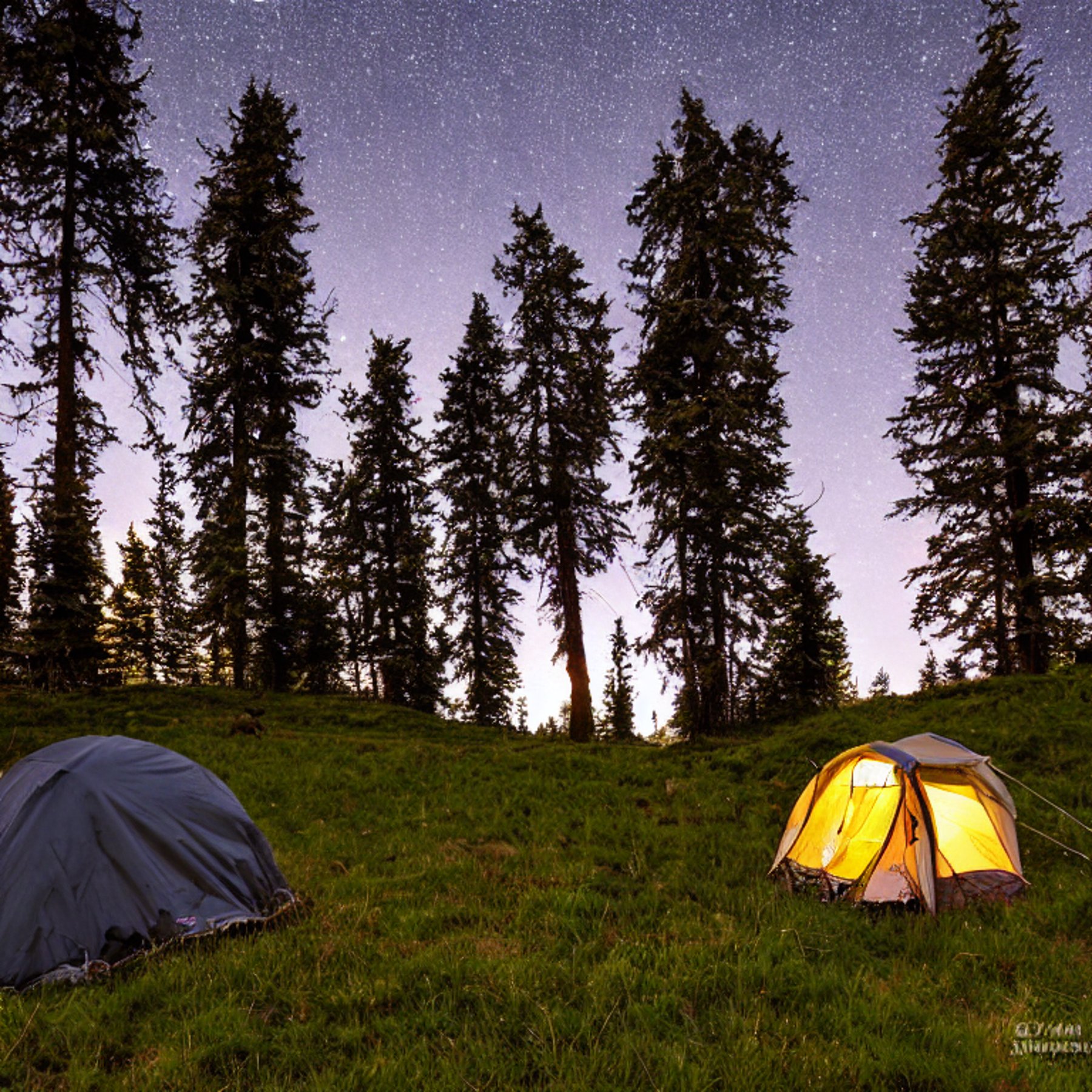 A green tent rests on a quiet dirt campsite beneath a sky full of stars. Large stone slabs, tall grass, and rolling hills surround the peaceful spot in Washington State.