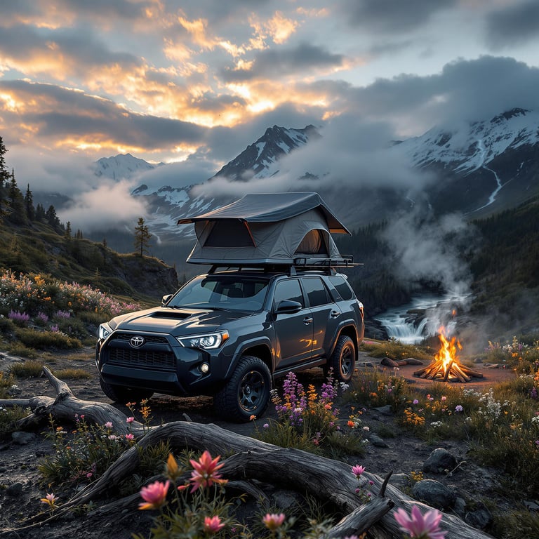 A cozy campsite sits by a crackling fire under a sky filled with glowing clouds and towering mountains. Bright wildflowers dance in the breeze, while a peaceful river flows nearby. The tent on the truck adds a touch of adventure to this beautiful mountain scene.