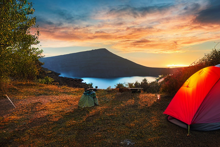 A forest-green tent rests on a paved campsite in Santorini as sunset light glows through the fall-colored trees. A box of camping gear sits beside a dirt patch, while stormy clouds gather overhead.