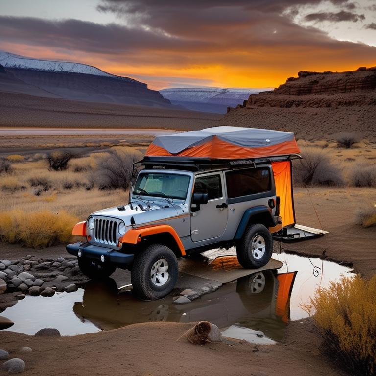 A gray-and-orange Jeep with a rooftop tent rests beside a warm hot spring. A small stream winds through the rocky campsite, while snow falls around the clothesline and glowing sunset.