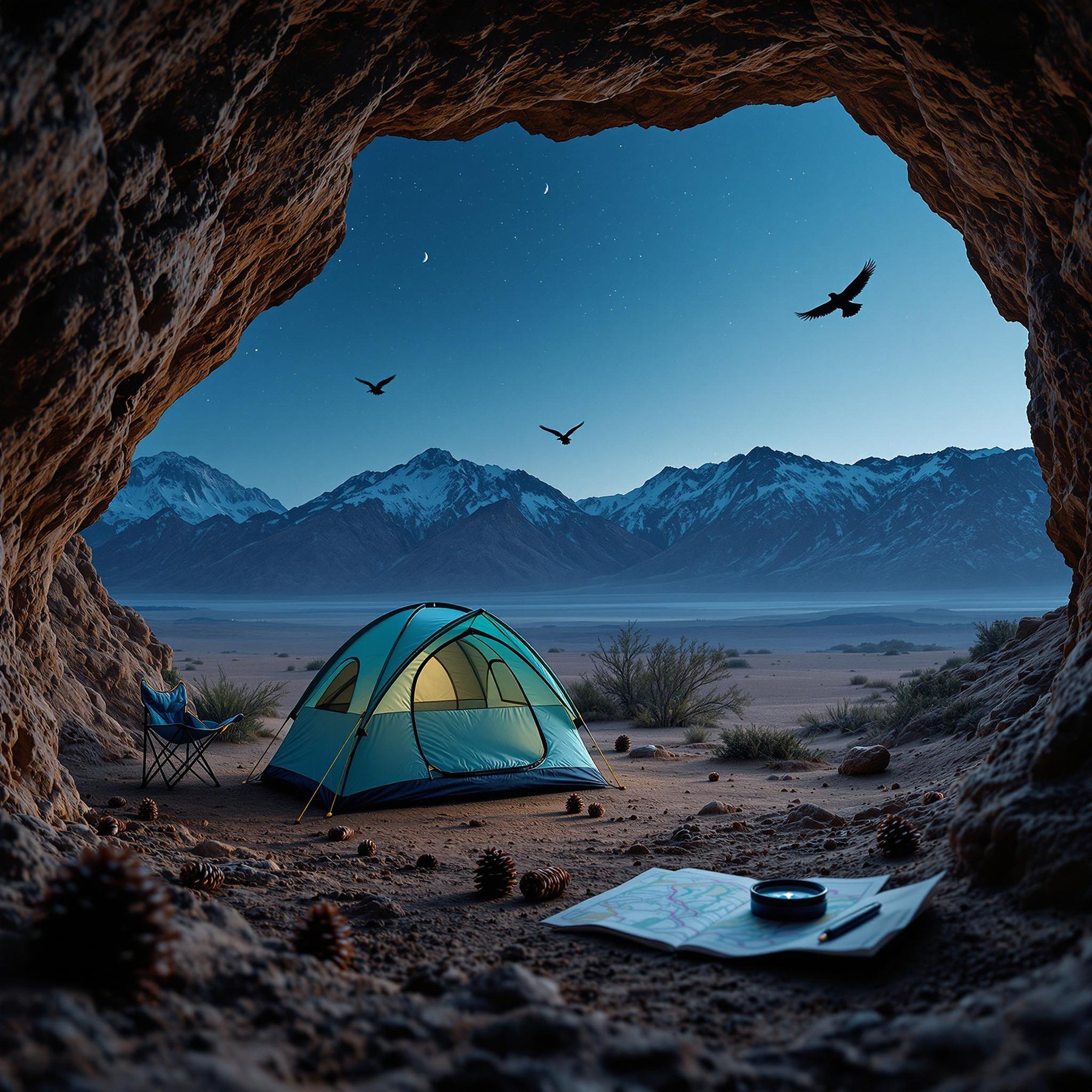 This campsite sits in a cozy cave, looking out over a quiet desert and tall, snowy mountains. The sky is full of stars and flying birds. There’s a glowing tent and a map ready for adventure.