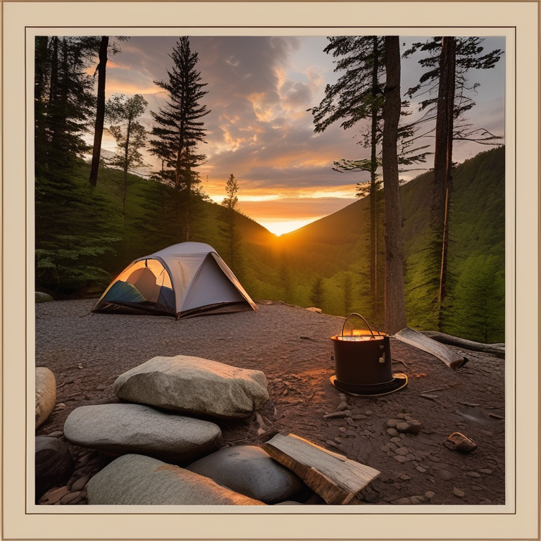 A cozy tent sits on a dirt campsite in the Smoky Mountains at sunset. A small stream winds through the camp beside a hiking path, while a campfire glows among the logs. In the rainy distance, a person’s flashlight shines through the mist.
