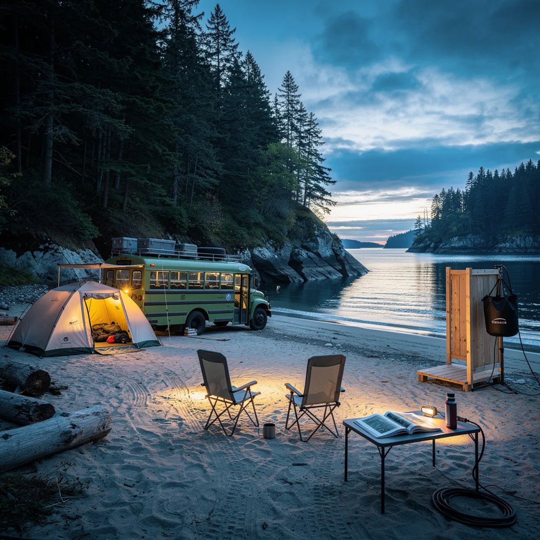 A quiet hidden cove sits beside a dark evergreen forest, with calm water glowing in the blue evening light. On the sandy clearing, a green school bus and two camp chairs face the shore. A dome tent shines warm and cozy, with a little table holding an open field guide and a simple outdoor shower nearby.