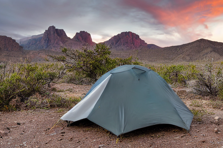 A gray and blue tent rests on a paved campsite in Big Bend as rain falls beneath a glowing sunset. Hikers wander nearby, while deer and birds bring the wild landscape to life. A large rock and scattered twigs add a rugged touch.
