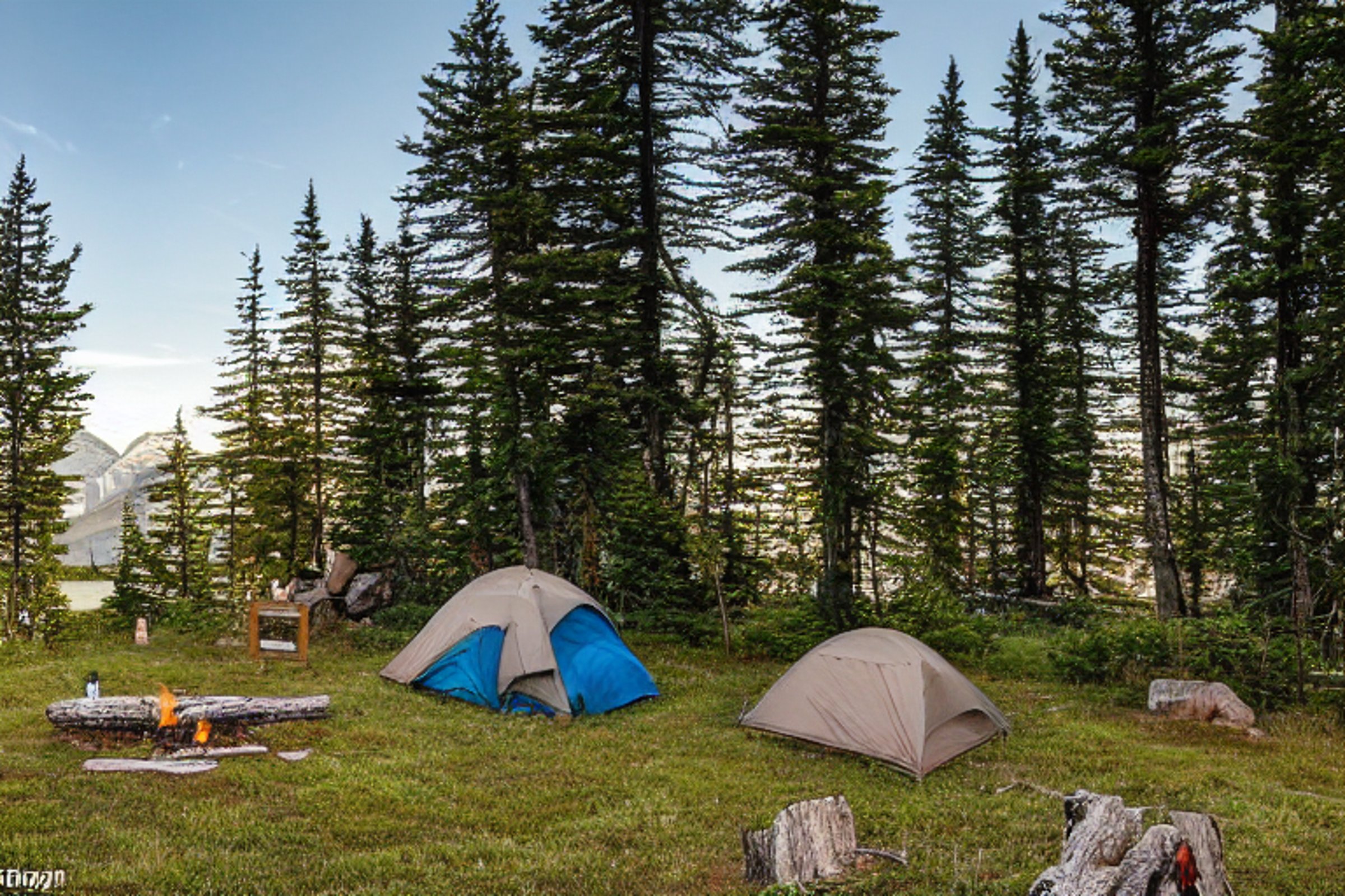 A cozy tan tent rests on a paved campsite in Glacier National Park as the sun sets. Tall grass surrounds a dirt clearing, with a hammock, hanging clothes, and a stone-ringed campfire nearby.