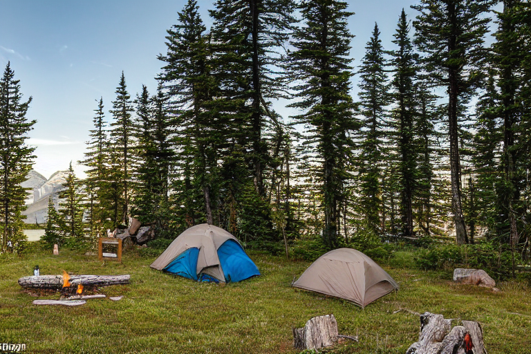 A cozy tan tent rests on a paved campsite in Glacier National Park as the sun sets. Tall grass surrounds a dirt clearing, with a hammock, hanging clothes, and a stone-ringed campfire nearby.