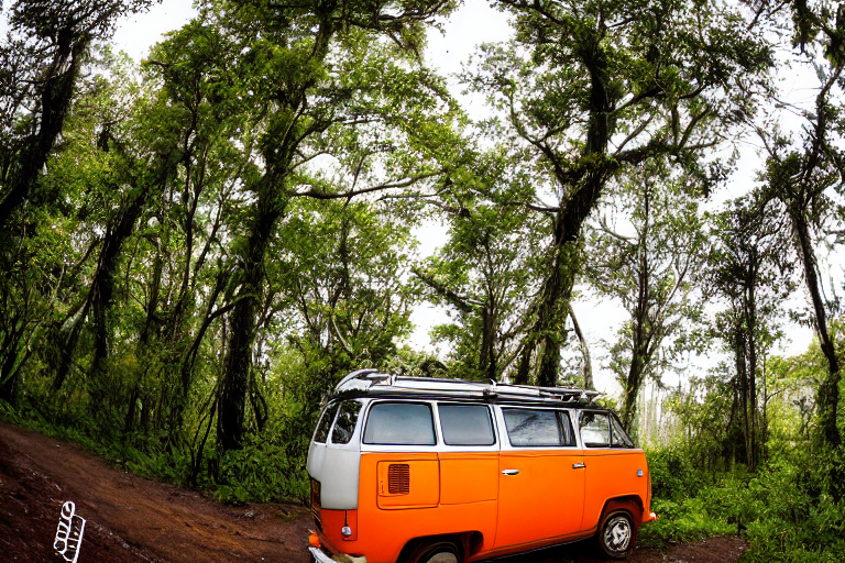 An orange campervan rests beside a warm campfire under tall trees. Rocky ground and a small stream wind through the campsite, while stormy skies add a wild, cozy feeling.
