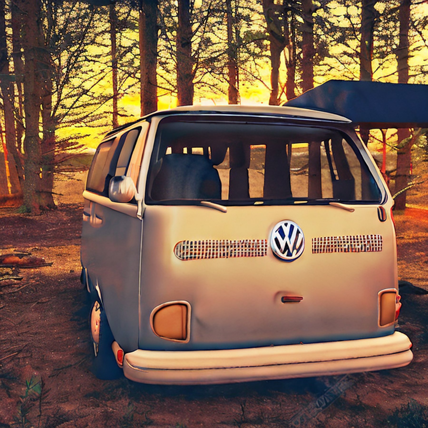A vintage VW campervan rests on a dirt campsite in upstate New York. A warm campfire glows among the logs as stormy clouds gather beneath the setting sun. A deer stands in the distance, with the pale moon rising overhead.