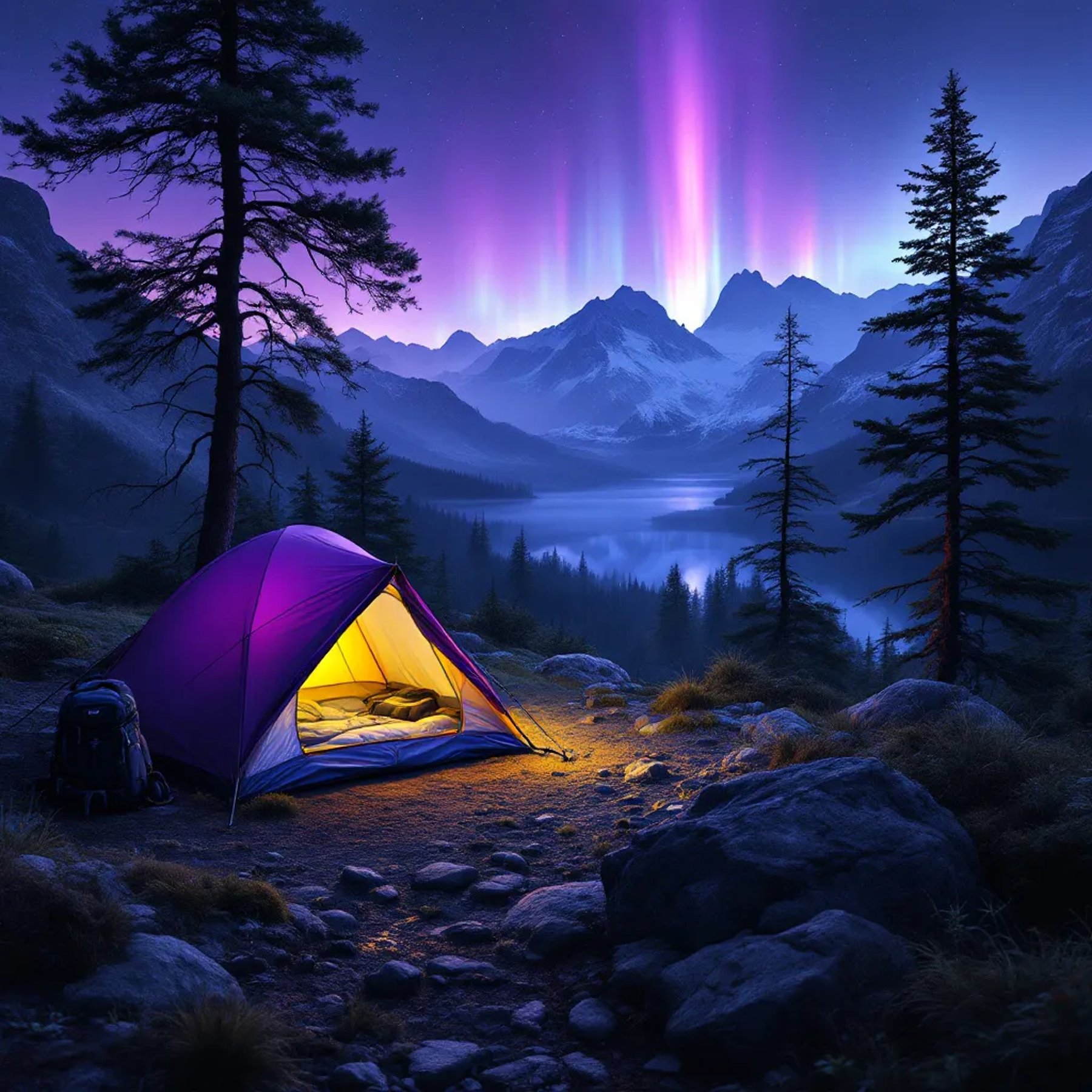 A purple tent glows beside a babbling brook under bright green auroras. Mist drifts over the quiet lake, reflecting the night sky, while a backpack rests near a large rock.