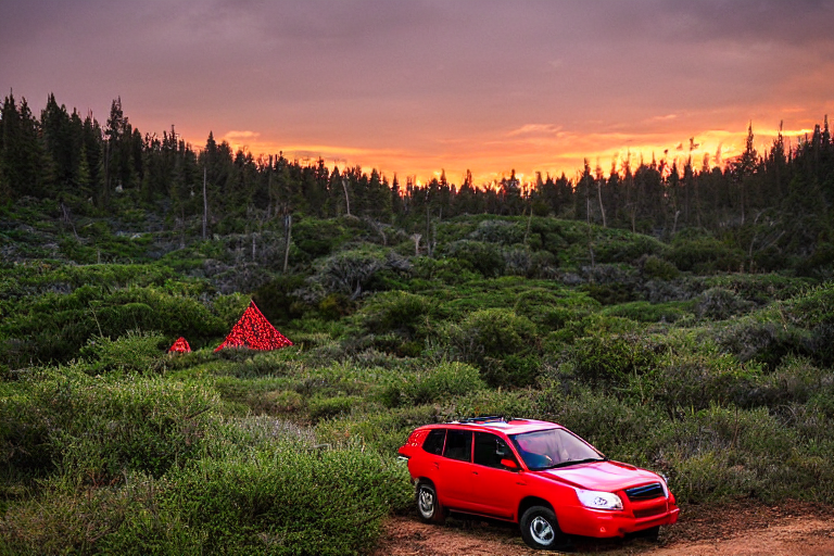 A red Subaru with a rooftop tent rests beside a rocky stream on the California coast. Rain falls over the rough campsite as mountains rise in the distance, while a small campfire glows near the berry bushes.