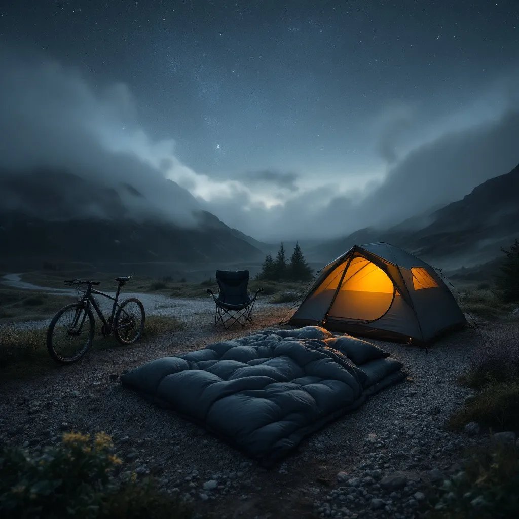 A dark gray sleeping bag rests beneath a misty Norwegian sky. A dirt path winds through patches of stone, with a bicycle and camping chair nearby. The quiet scene feels cool, calm, and ready for adventure.