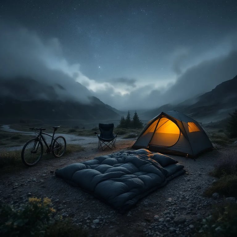A dark gray sleeping bag rests beneath a misty Norwegian sky. A dirt path winds through patches of stone, with a bicycle and camping chair nearby. The quiet scene feels cool, calm, and ready for adventure.