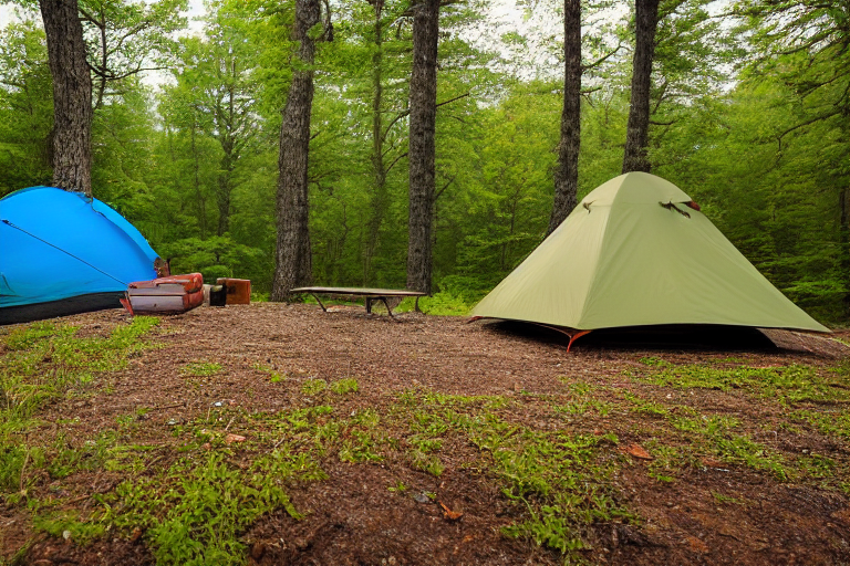 A green tent rests in a quiet Ozark forest, surrounded by tall trees and thick bushes. A small campfire sits on a gravel patch, with camping gear nearby. Soft fog fills the air and gives the campsite a calm, peaceful feel.