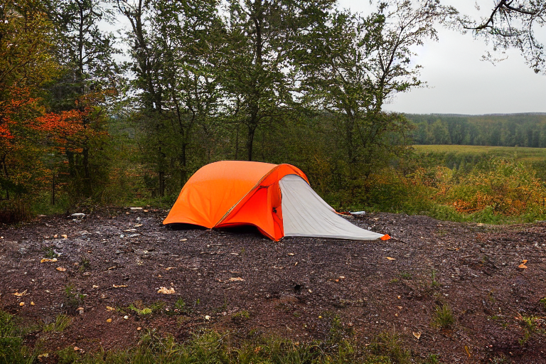 A gray and orange tent rests on a paved campsite in the rainy dusk. Tall trees, thick bushes, and scattered stones surround a dirt patch and a warm campfire log.