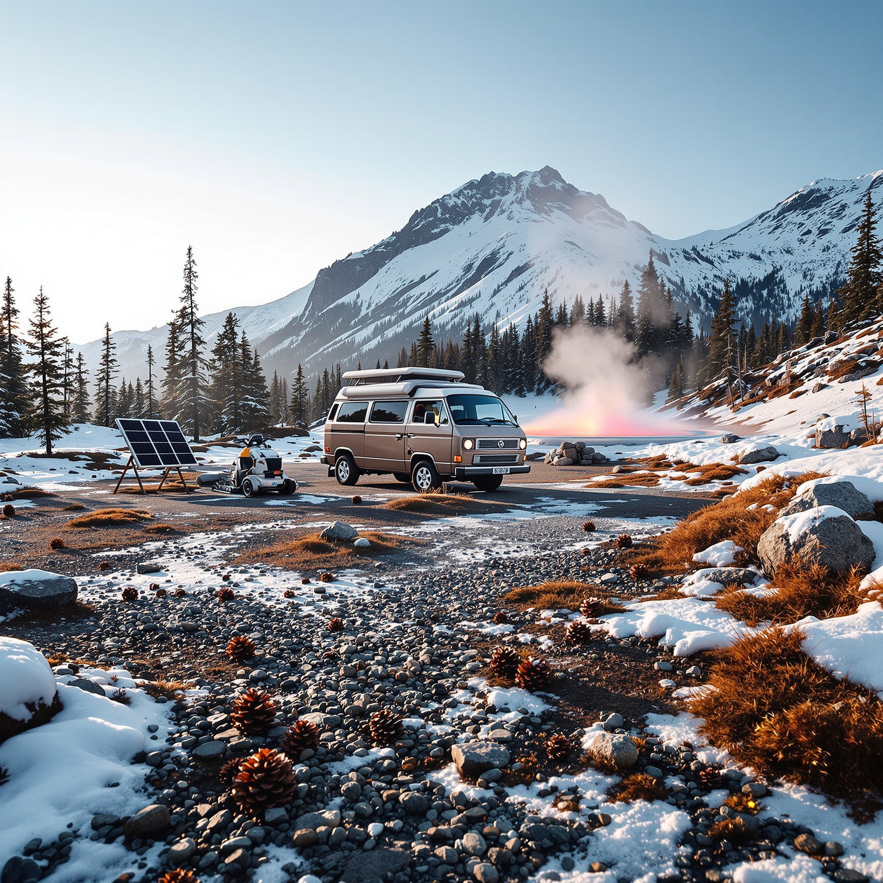 This cozy campsite sits in snowy mountains surrounded by tall pine trees. A van is parked beside some solar panels, and there’s a steamy hot spring nearby. It’s a peaceful spot to enjoy nature and play in the cool, fresh air.
