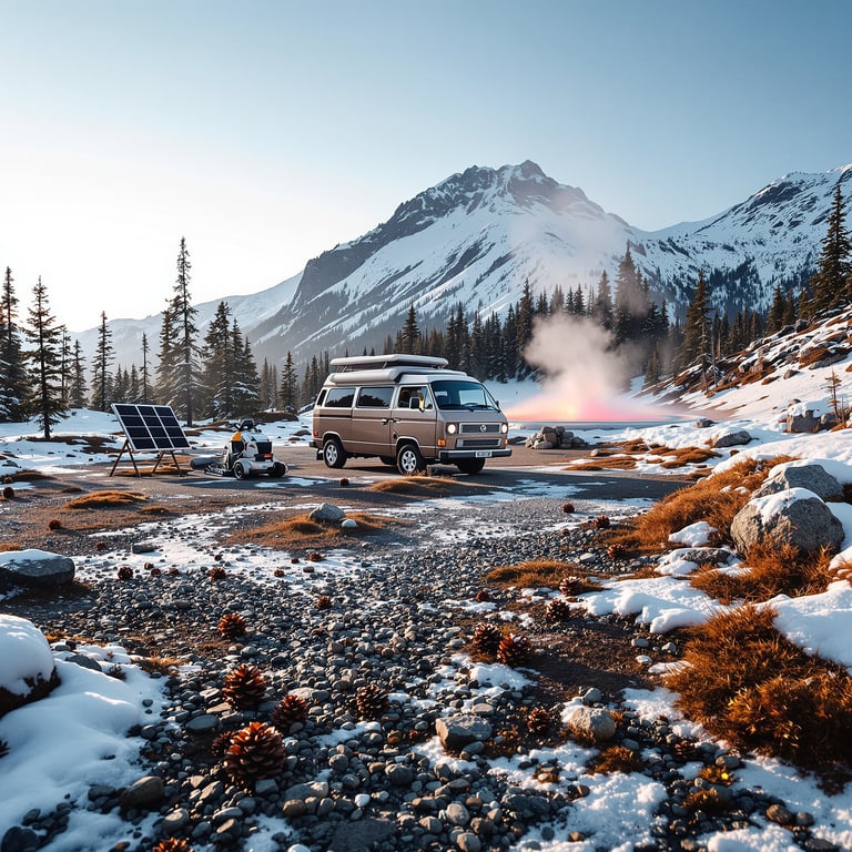 This cozy campsite sits in snowy mountains surrounded by tall pine trees. A van is parked beside some solar panels, and there’s a steamy hot spring nearby. It’s a peaceful spot to enjoy nature and play in the cool, fresh air.