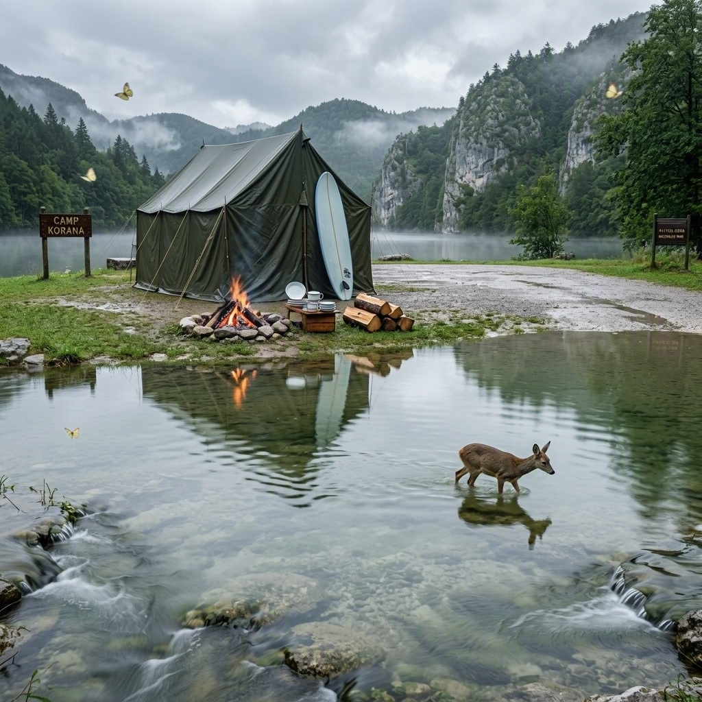 A quiet green tent rests beside the Korana River, with a neat fire ring glowing softly nearby. Wet grass, forested hills, and the campsite shimmer in the calm water. A deer wades through the shallows as butterflies drift through the cool, rainy air.