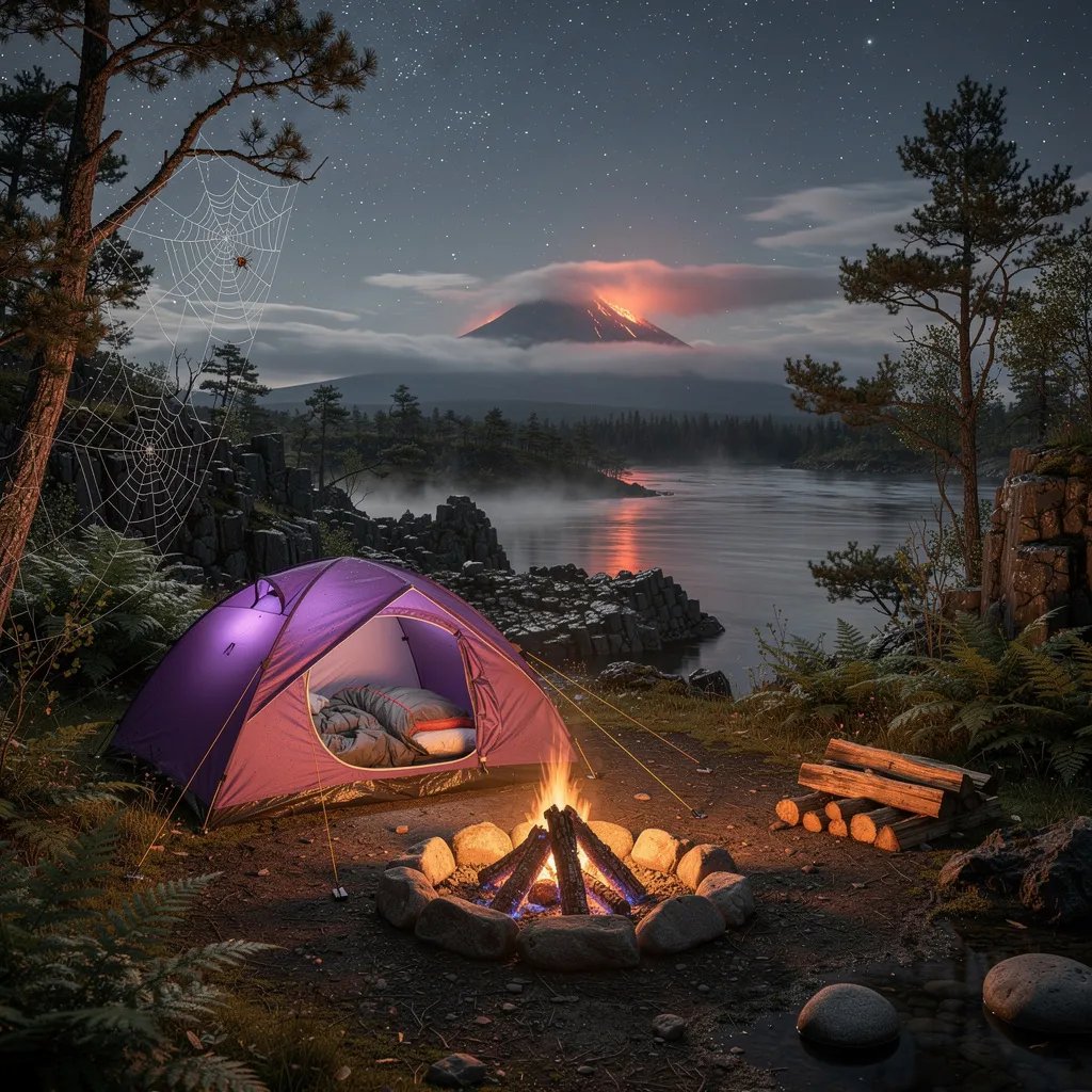 A purple tent sits on a ferny riverbank as the slow river glides by in the dark. A small campfire glows warm, lighting up stacked logs and a tiny spider web between two trees. Above, the sky is packed with stars, and a faraway volcano paints the clouds with a soft orange shine.