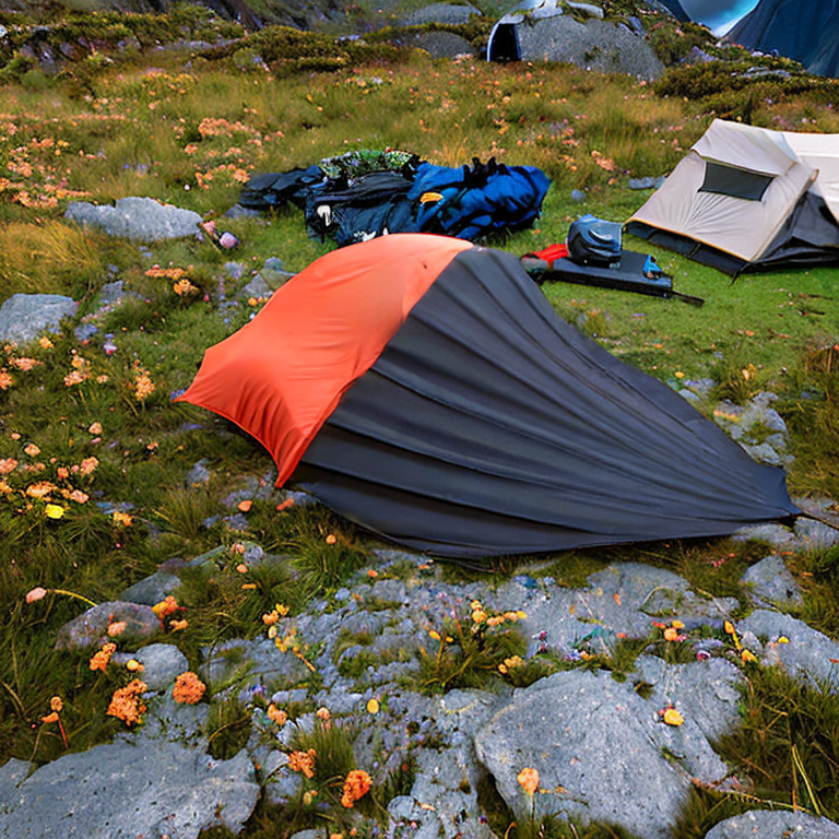 A black tent rests on a paved campsite in Milford Sound as soft sunset light shines through the rain. Camping chairs, a backpack, wildflowers, and smooth boulders surround the muddy clearing.