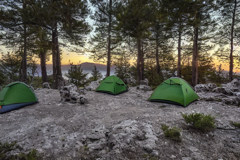 A forest-green tent rests on a rocky campsite in Santorini as the sun sets. Tall trees surround the site, with two camping chairs beside a small dirt patch. Light snow adds a quiet, magical touch.