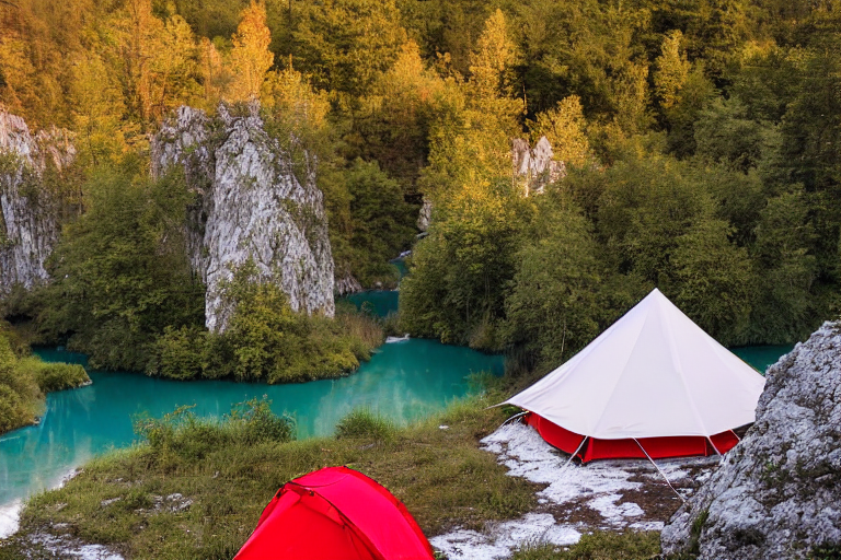 A red and white tent rests on a snowy dirt campsite among large rocks and boulders. Camping chairs and a wooden guitar add a cozy touch, while golden light shines through the peaceful forest.