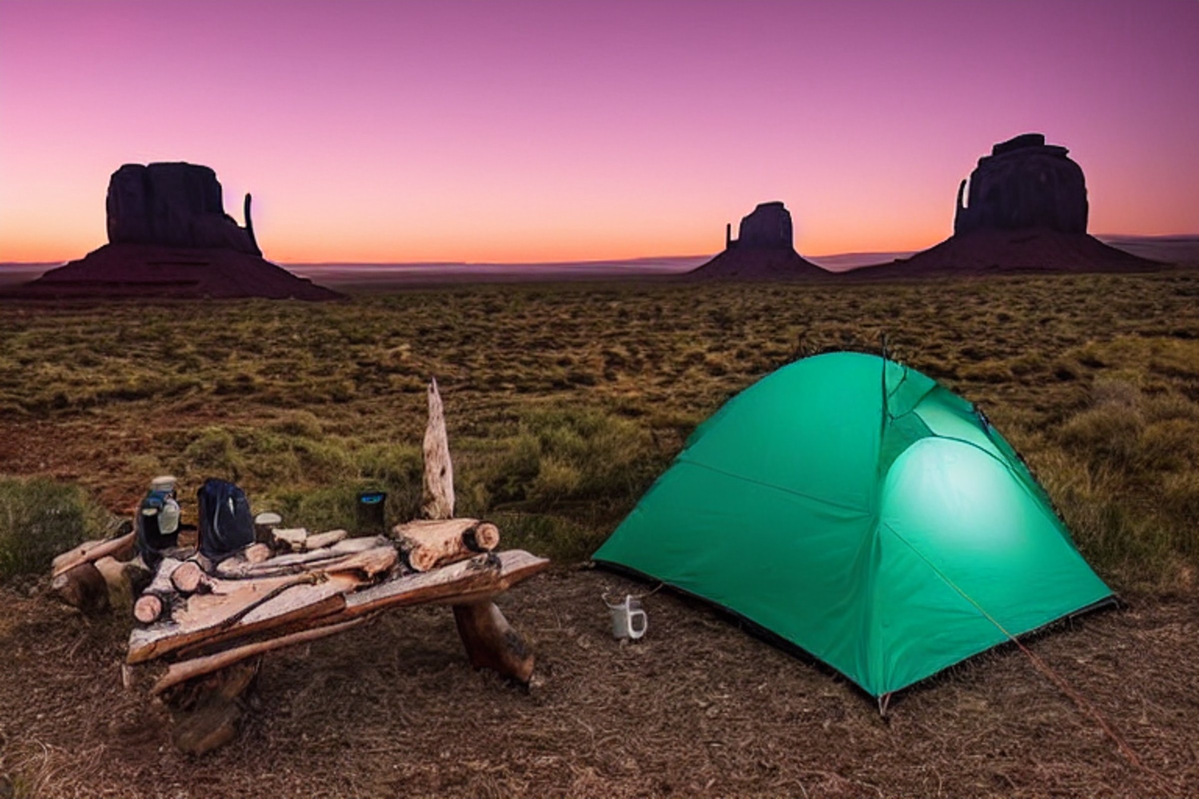 A cozy white tent glows beside a snowy campsite beneath the bright northern lights. A small campfire warms the rocky ground, while a wooden guitar rests nearby against the stunning Monument Valley view.